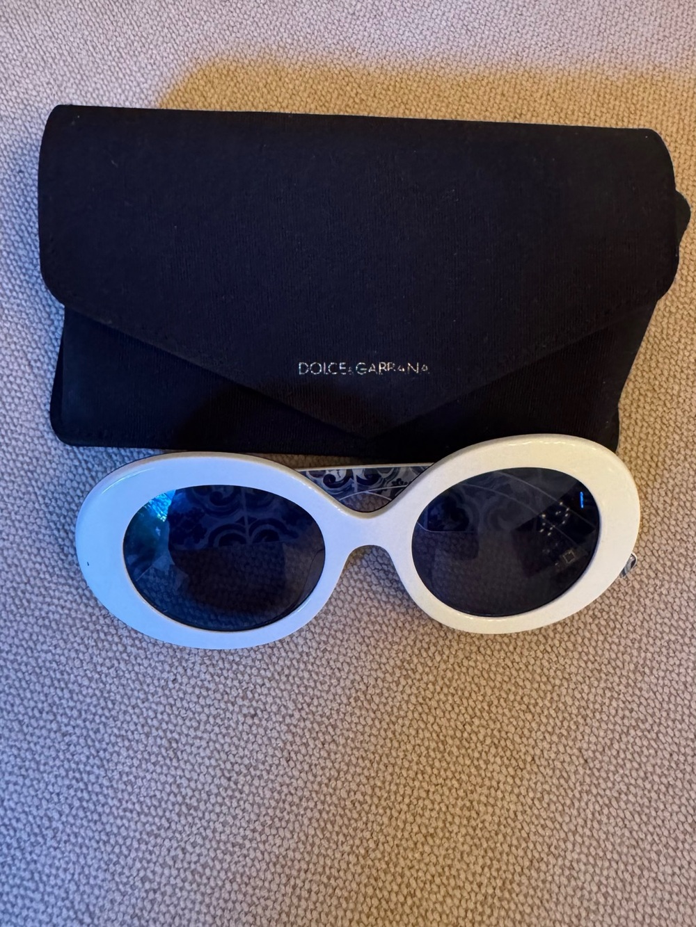 Dolce & Gabbana White Oval Sunglasses with Black Lenses and Black Case